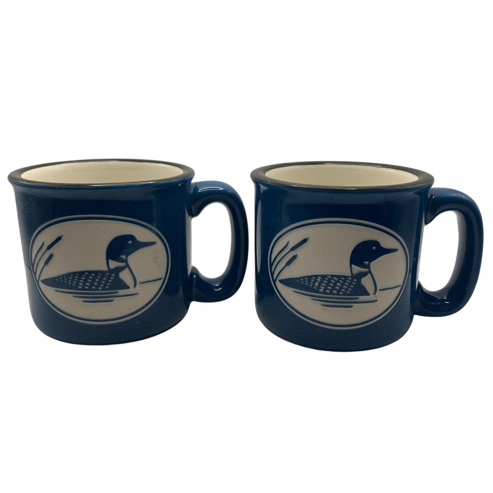 Cape Shore Etched Minnesota Loon Coffee Mugs Set of 2 Blue Stoneware Cabin Lodge